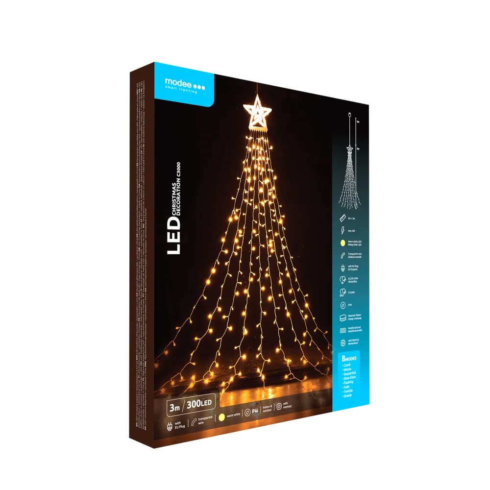 Guirlande lumineuse de Noël Modee LED « Star Lights » – 2×3 m, blanc chaud, 300 LED, crée instantanément une ambiance festive et chaleureuse dans