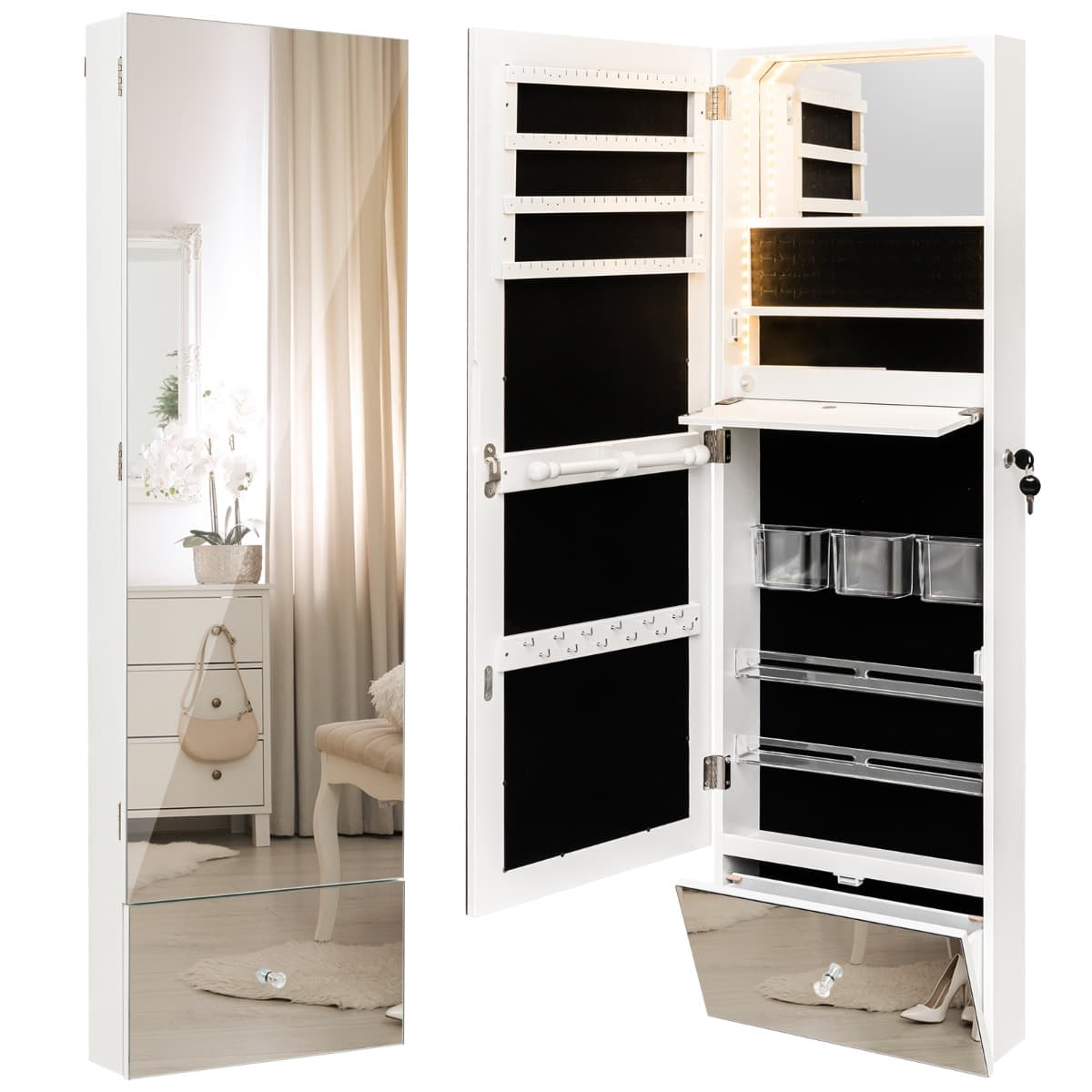 Armoire à Bijoux Murale Miroir Pleine Longueur Lumières LED 3 Couleurs Miroir Intérieur Porte Verrou