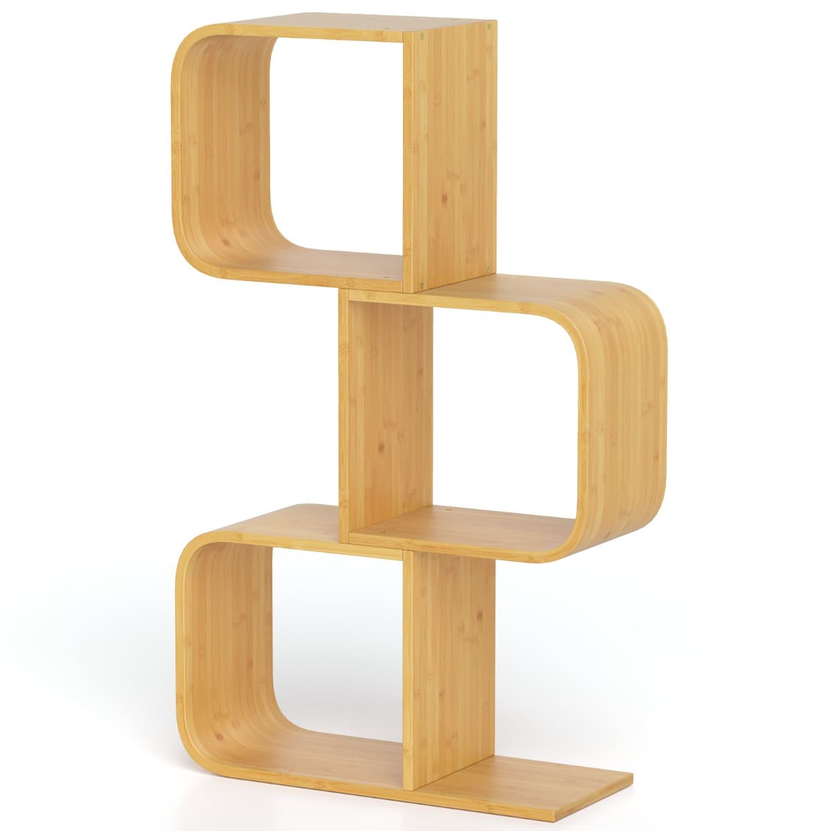 CostwayBibliothèque en Forme de 'S' à 3 Niveaux Etagère en Bambou avec 3 Cubes Ouverts Etagère d'angle Géométrique Naturel