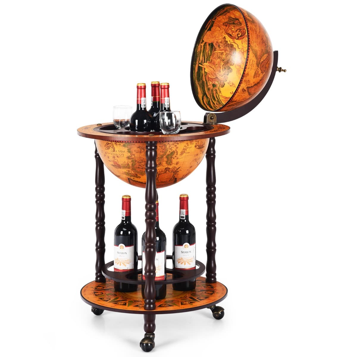 Bar Globe Terrestre Vintage Mappemonde en Bois d'Eucalyptus avec 3 Roulettes et Style Italien du XVI