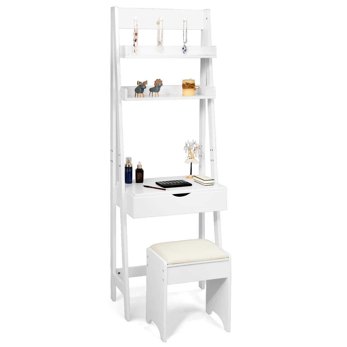 CostwayCoiffeuse avec Miroir Tabouret 2 Étagères Table de Maquillage Table Multifonctionnelle en Mdf 60x40x180cm Blanc