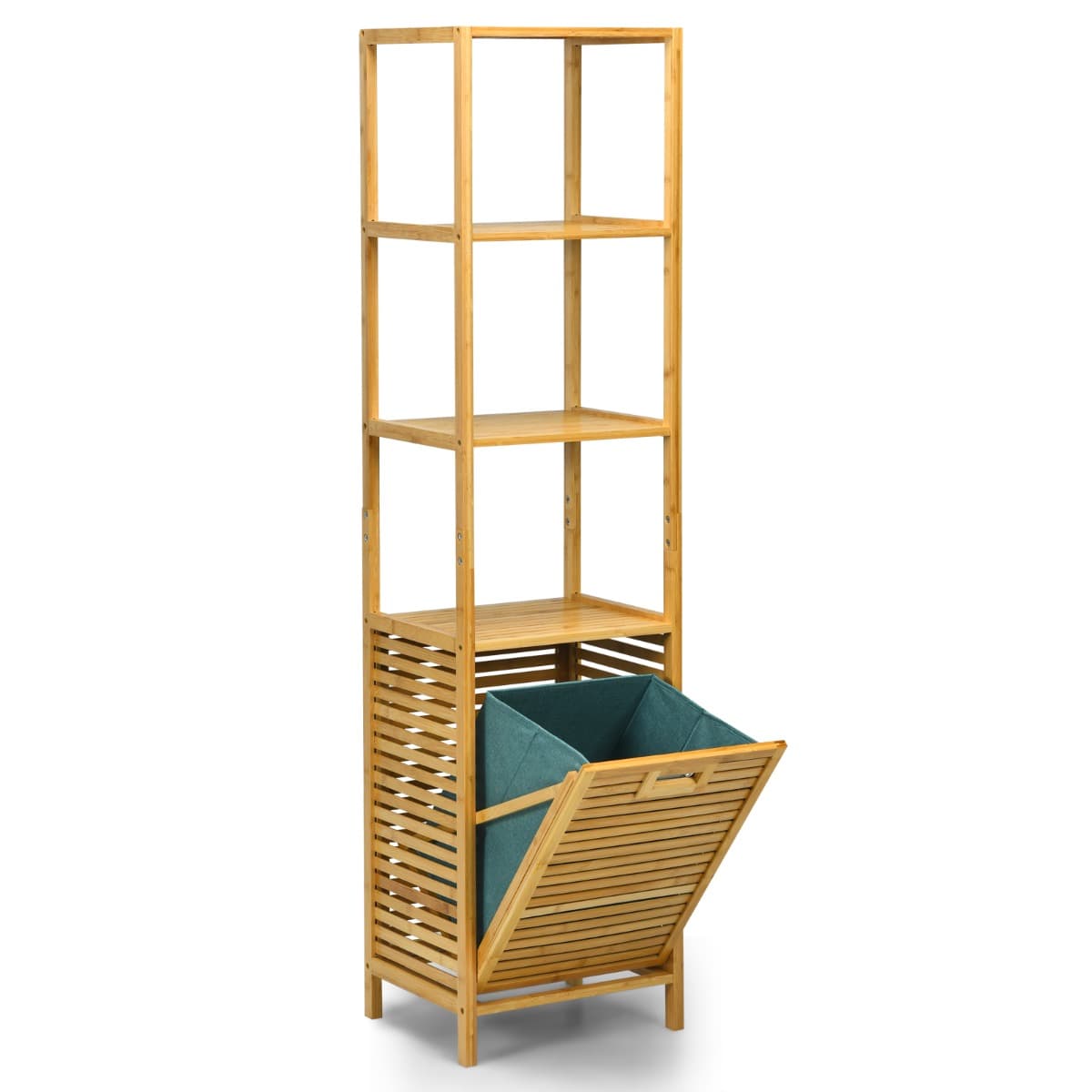 Colonne pour Salle de Bain avec Panier à Linge Basculant et 3 Etagères de Rangement Meuble en Bambou