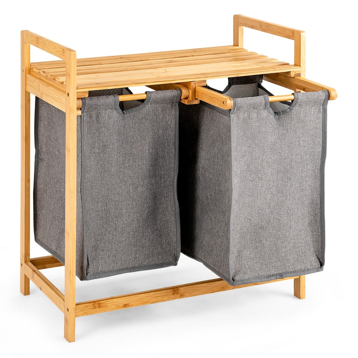 Panier à Linge sur Pied en Bambou 64 x 33 x 73 CM avec 2 Sacs à Linge Sale Poignées et Étagère Supér