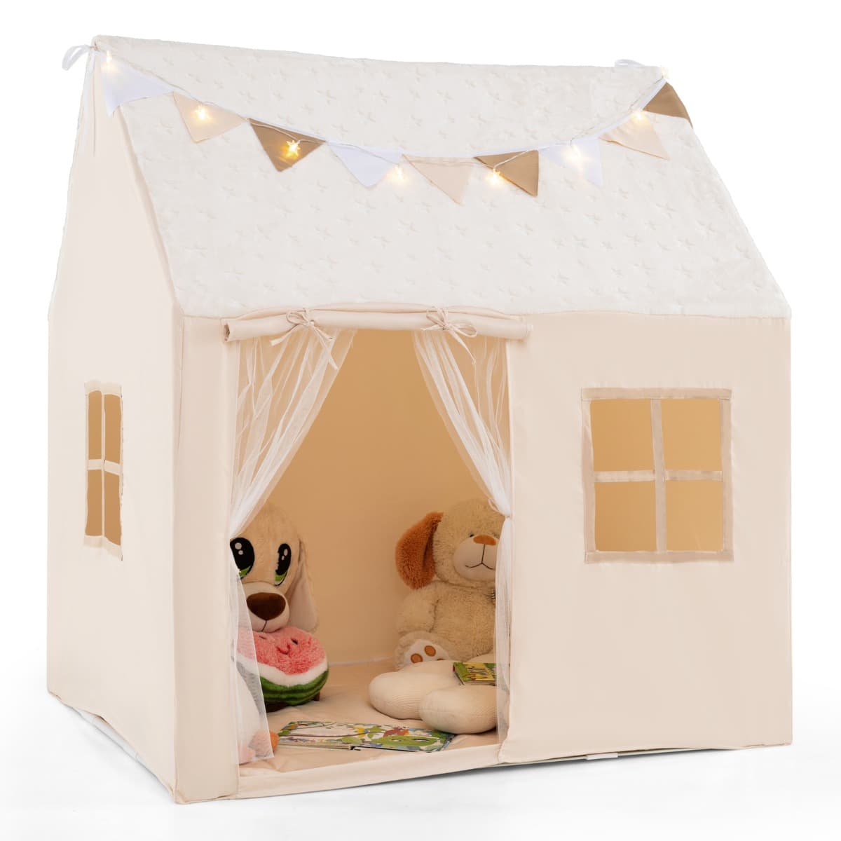 CostwayTente de Jeu pour Enfants avec Guirlande Lumineuse Drapeaux et Tapis Rembourré Cabane Enfant avec Rideaux en Maille pour 3 Ans + Beige
