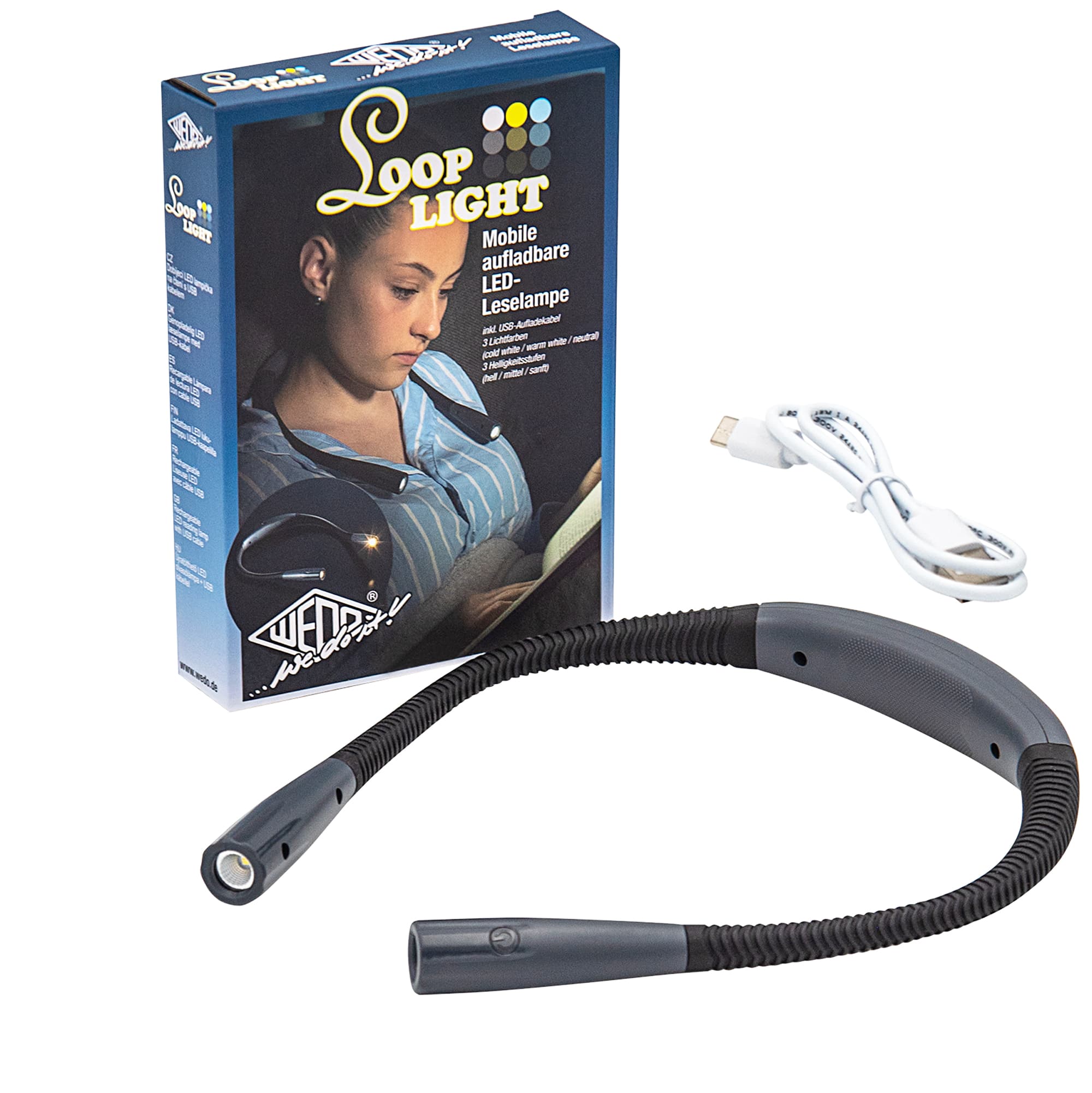 Looplight la liseuse LED mobile avec 3 couleurs de lumière et niveaux de luminosité, rechargeable via USB-C