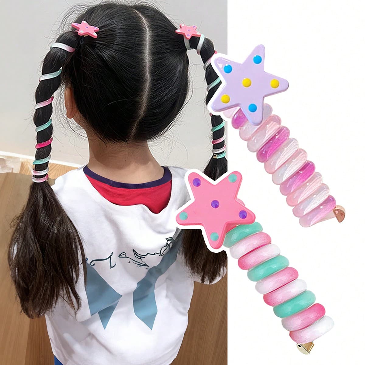 4 pièces Enfants mignons cinq étoiles en forme de spirale attaches pour cheveux sans dommage, attaches élastiques pour cheveux pour les filles