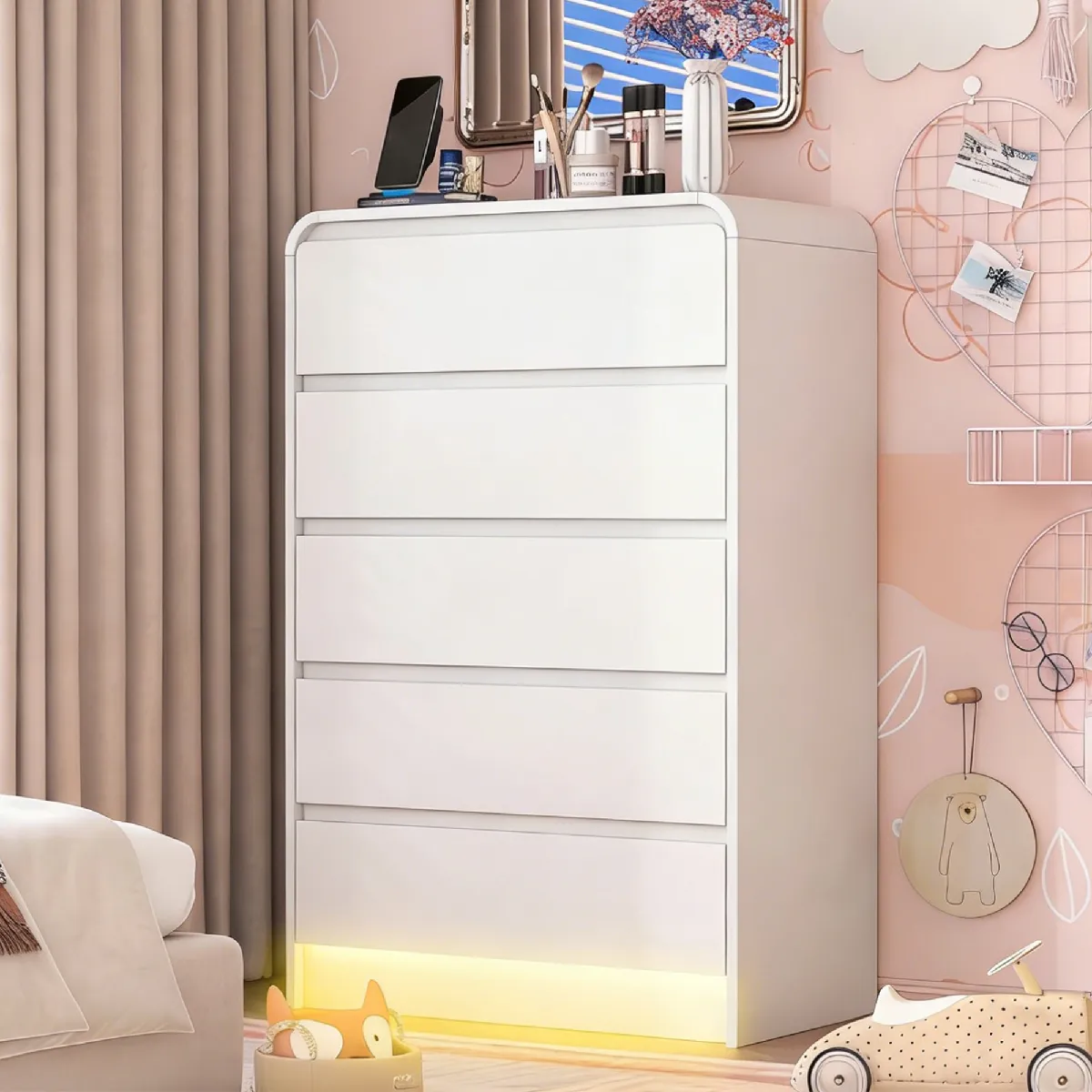 Superaly-Commode 5 tiroirs au style minimaliste-Avec bande lumineuse LED multicolore-Blanc