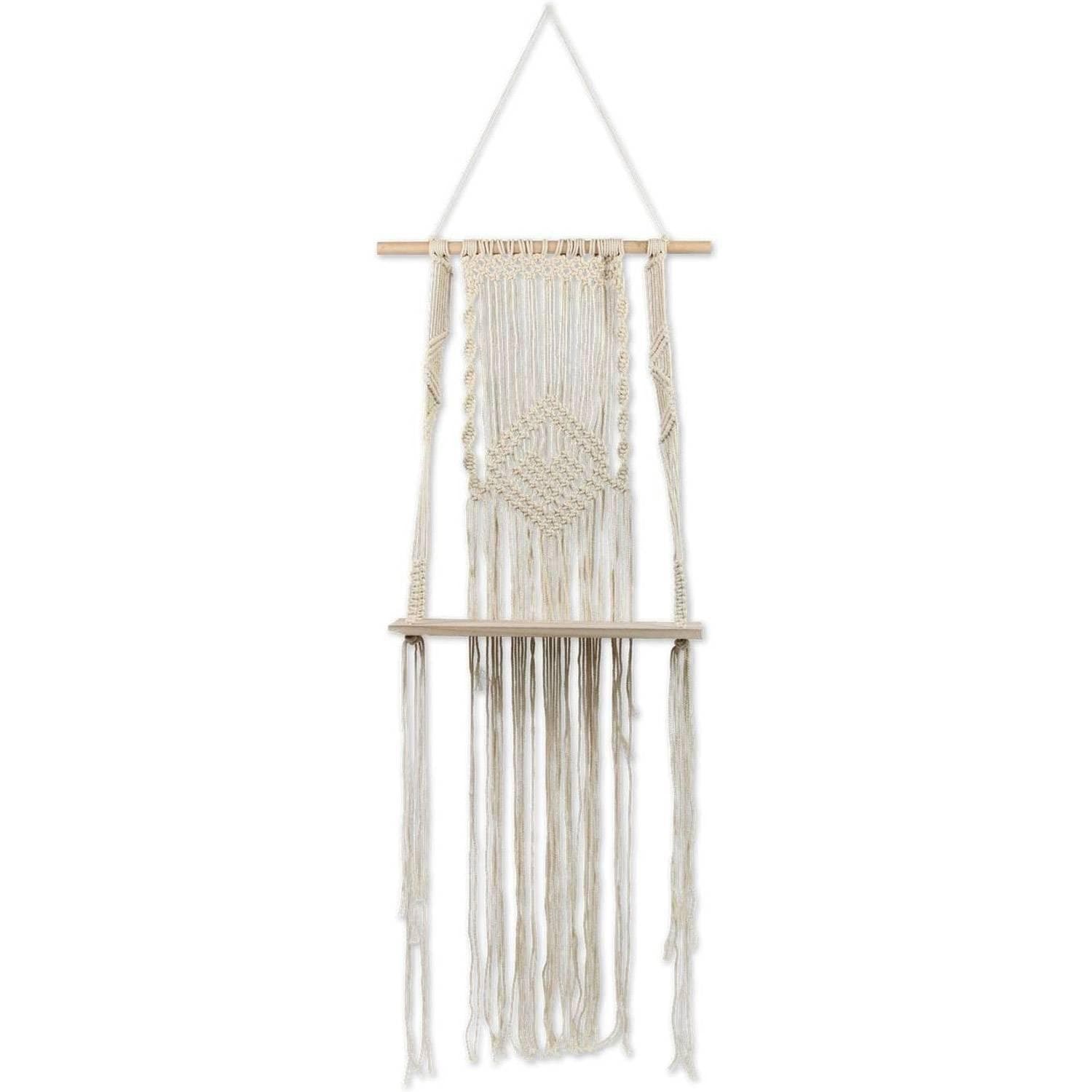 Etagère Bohème Macramé ivoire avec planche bois 40cm x 1m