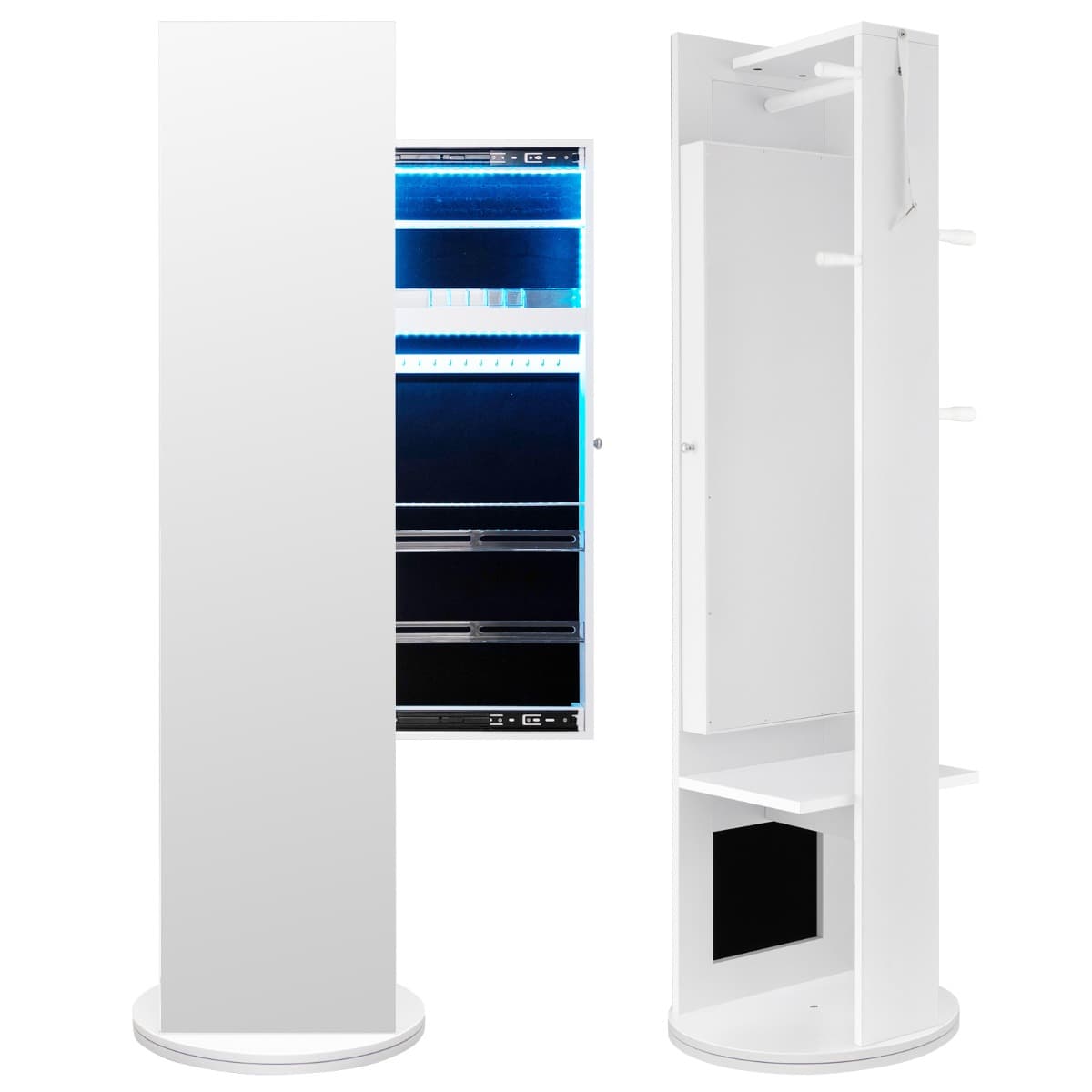 3 en 1 Armoire à Bijoux Pivotante à 360° avec Miroir Pleine Longueur Porte-manteau Arrière et Lumièr