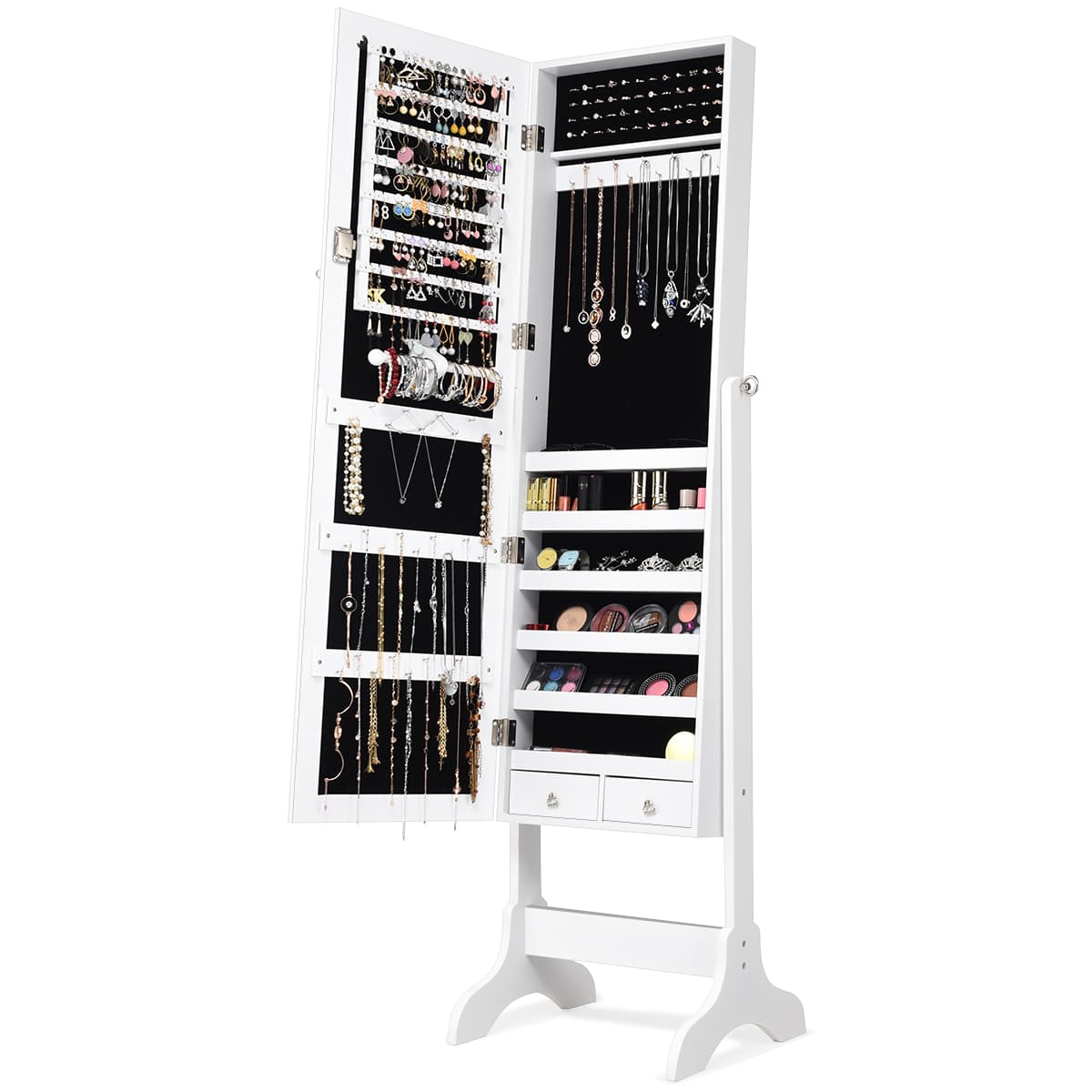 Armoire à Bijoux sur Pied avec Miroir Pivotante à 4 Niveaux Armoire de Rangement Bijoux avec 8 Étagè