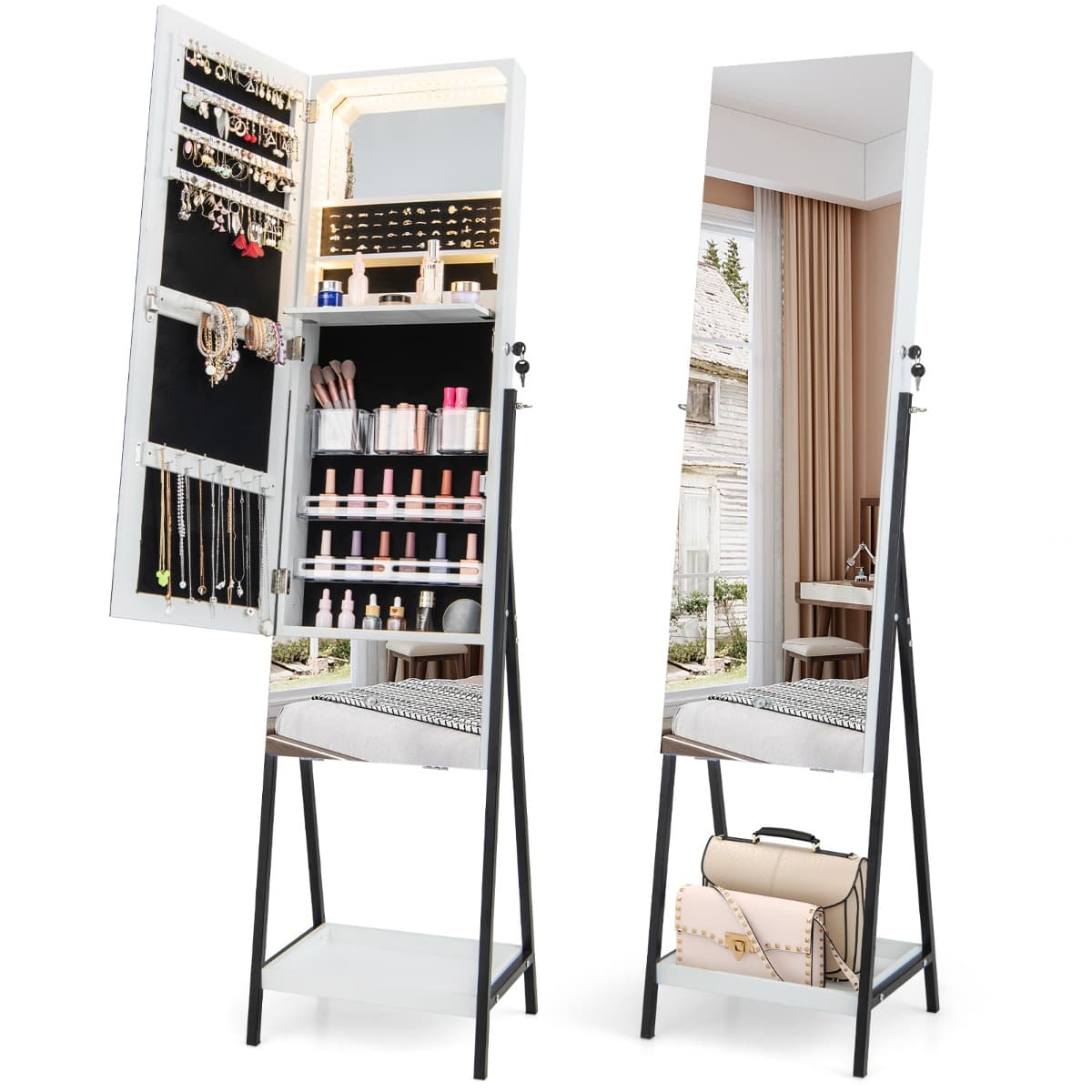 Armoire à Bijoux sur Pied avec Tiroir Miroir Pleine Longueur Lumières LED 3 Couleurs Miroir Intérieu